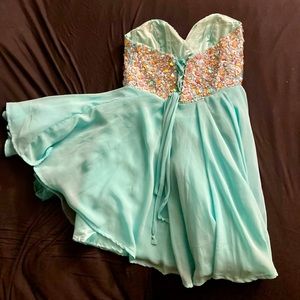 001 Baby Doll Tiff. Blue Diamond Sequin Dress with Matching Mens Vest